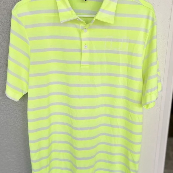 Miami Hurricanes Adidas Striped Logo Golf Polo Shirt Sz M Neon Grn Light Purple - Picture 6 of 11